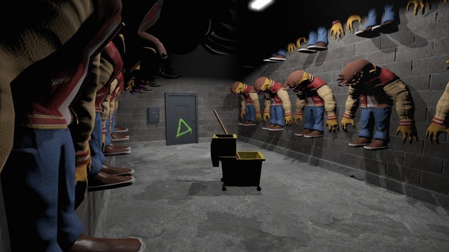 A screenshot shows a room full of large dolls. 
